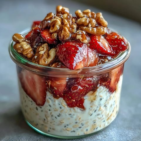 Creamy overnight oats layered with fresh strawberries and crunchy candied walnuts for a naturally sweet breakfast treat.  