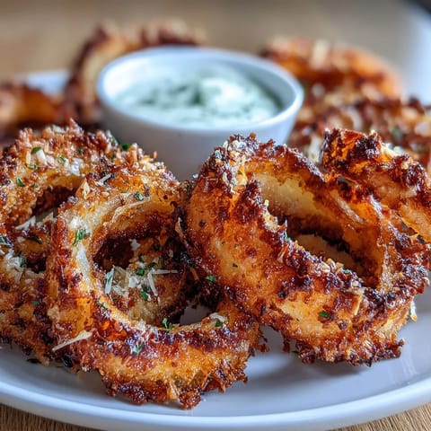 Crunchy, golden-brown onion rings made in the air fryer, paired with zesty homemade garlic aioli for dipping.  