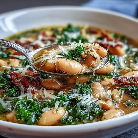Hearty Italian white bean soup with tender kale, creamy cannellini beans, and a sprinkle of Parmesan cheese in a rustic bowl.