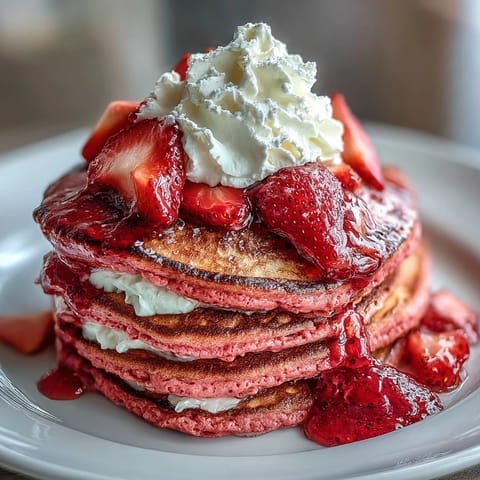 Fluffy pink pancakes with beetroot and strawberry compote, perfect for a festive Galentine's brunch with friends.  