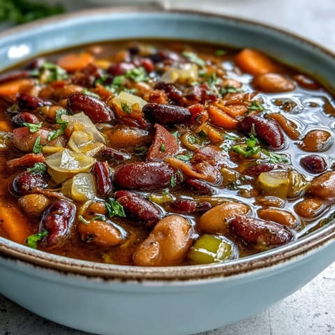 A hearty bowl of 15-bean soup with smoky ham bone, simmered to perfection with tender vegetables and rich broth.  