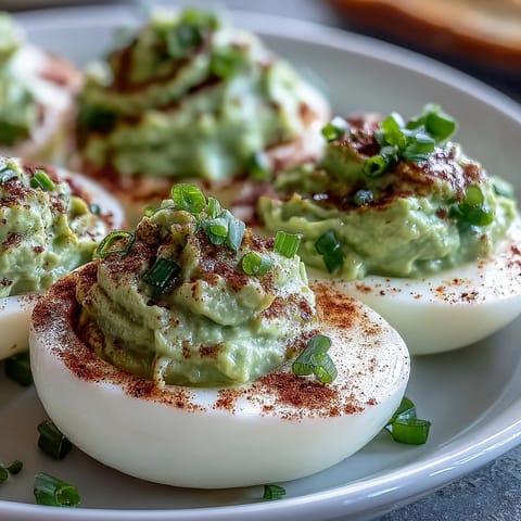 Creamy green deviled eggs with avocado filling, garnished with chives and paprika for a fresh, flavorful appetizer.  