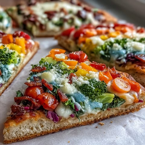 Vibrant St. Patrick's Day Rainbow Veggie Flatbread Pizza with fresh vegetables arranged in colorful layers on crispy crust.  