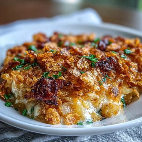 Funeral potatoes and ham breakfast skillet with crispy hash browns and melted cheddar in a creamy sauce.  