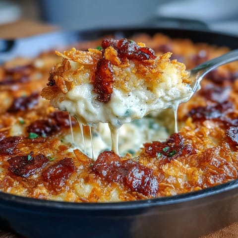 Savory breakfast skillet featuring tender ham, golden potatoes, and a crunchy cornflake topping for a hearty start.  