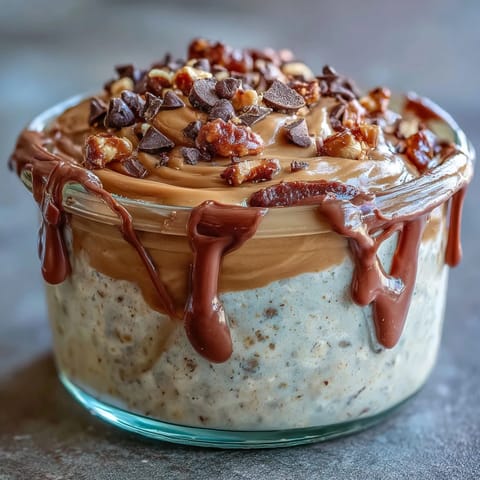 Decadent peanut butter cup overnight oats jar with creamy layers of peanut butter and chocolate, topped with mini chocolate chips.