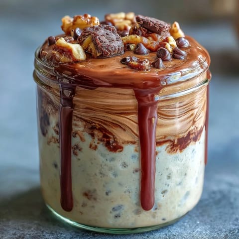 Creamy peanut butter cup overnight oats jar layered with rich chocolate sauce and crunchy crushed peanuts for a dessert-inspired breakfast.