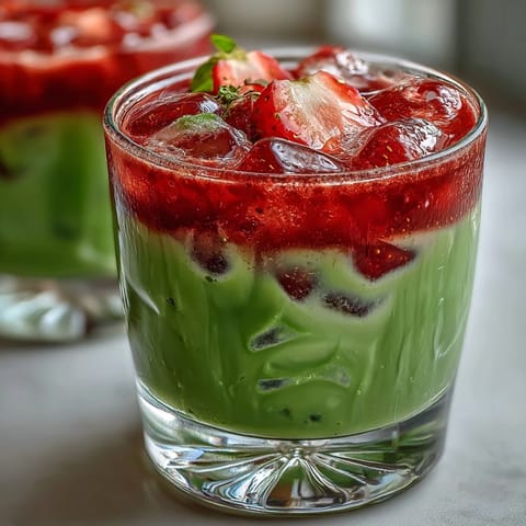 A vibrant dairy-free strawberry matcha iced latte with creamy coconut milk and fresh strawberry purée.