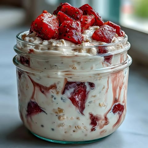 Creamy overnight oats with fresh strawberries, vanilla protein powder, and chia seeds for a healthy and delicious breakfast.