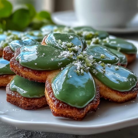 Buttery shamrock-shaped cookies decorated with glossy royal icing, perfect for St. Patrick's Day celebrations.  