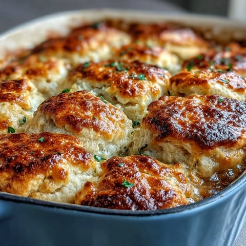 Golden creamy chicken pot pie with biscuit topping, fresh from the oven with bubbling filling and golden crust.