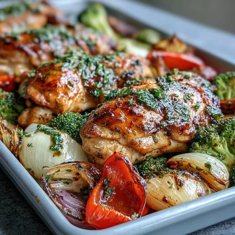 Colorful one-pan dinner featuring juicy chicken breasts and caramelized vegetables seasoned with Italian herbs.  
