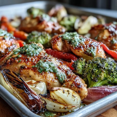 Healthy 5-Ingredient Sheet Pan Chicken and Veggies with roasted broccoli and bell peppers on a sheet pan.  