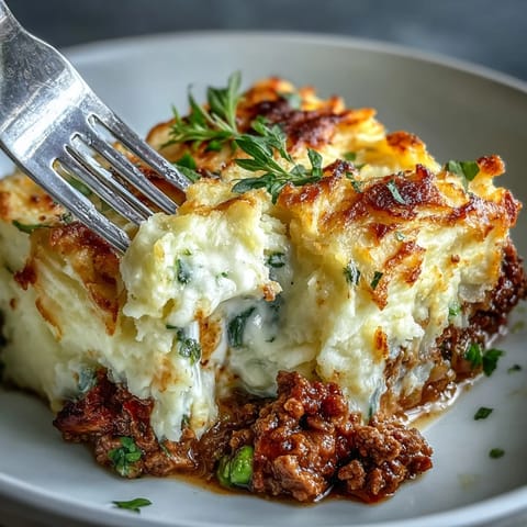Hearty turkey shepherd's pie with creamy cauliflower-potato mash, golden-baked to perfection.  