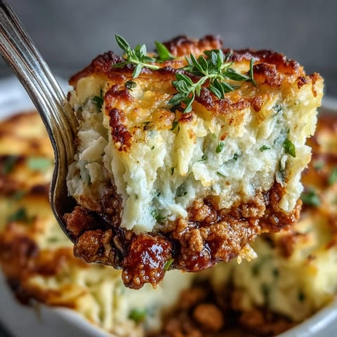 Comforting turkey shepherd's pie topped with fluffy mashed cauliflower and potatoes, bubbling and savory.  