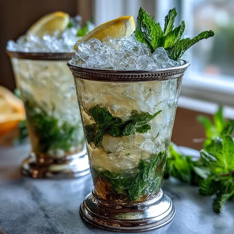Mini mint julep mocktails in silver julep cups, garnished with fresh mint sprigs and lemon slices, perfect for Derby Day celebrations.