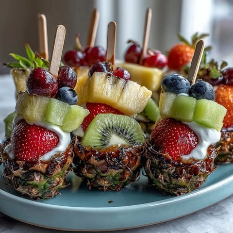 Fun Kid Lunch Bento Box with Fruit Skewers and Dip featuring colorful strawberries, grapes, and kiwi on mini skewers, creamy vanilla yogurt dip, and playful sandwich shapes.