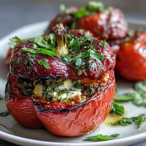Vibrant stuffed bell peppers with quinoa and herbs, filled with colorful vegetables and baked until tender for a healthy vegetarian dinner.