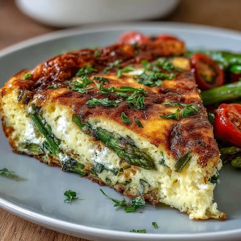 Spring Veggie Frittata with Asparagus and Goat Cheese: A golden, fluffy frittata loaded with tender asparagus, creamy goat cheese, and fresh spring vegetables, baked to perfection.