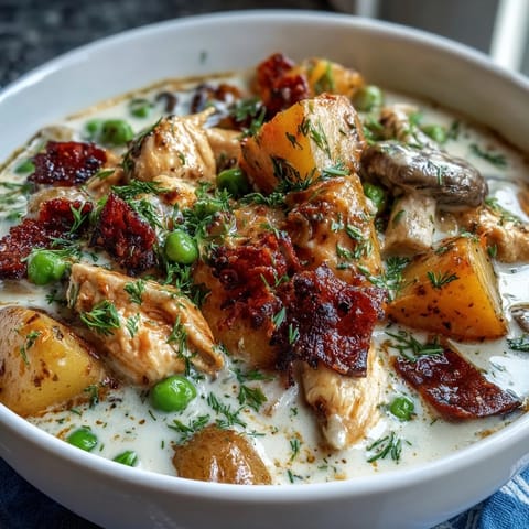 Creamy slow cooker chicken pot pie soup with tender chicken and hearty vegetables in a savory broth.