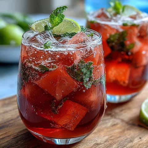 Refreshing watermelon mint vodka spritz mocktail with juicy fruit, vibrant mint, and sparkling citrus in a tall glass.