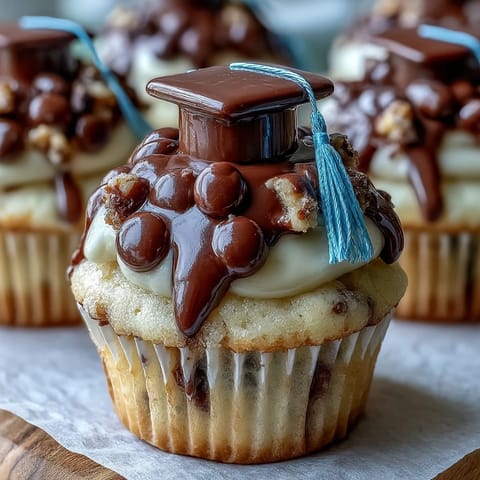 Simple graduation cupcakes with cap toppers topped with edible chocolate graduation caps and colorful buttercream frosting.