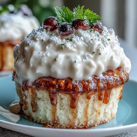 Fluffy cupcakes soaked in three milks and topped with airy whipped cream, garnished with fresh berries for a vibrant dessert.  