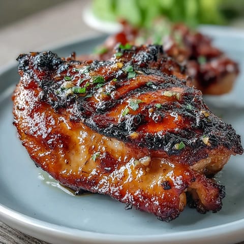 Honey garlic grilled chicken thighs sizzling on the barbecue, glazed with sticky sweet and savory sauce.