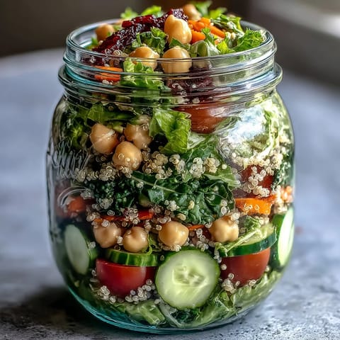 Fresh mason jar salads with quinoa, chickpeas, and vibrant veggies for healthy meal prep.