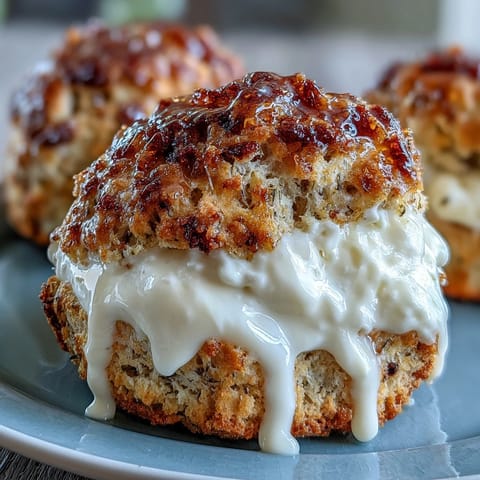 Golden scones sweetened with floral dandelion honey, served warm with a generous dollop of rich clotted cream.