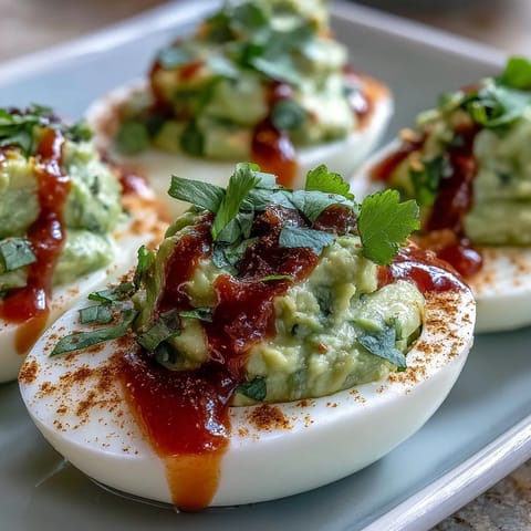 Vibrant green avocado filling jazzes up classic deviled eggs with a tangy lime twist and Sriracha kick.  
