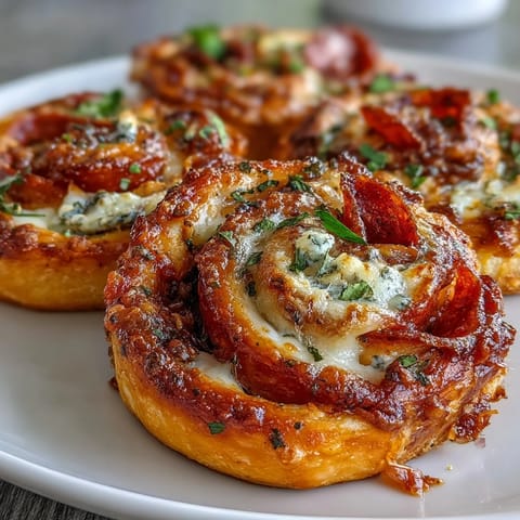 Easy appetizer of puff pastry spirals filled with marinara, mozzarella, and pepperoni—great for parties or snacks.  
