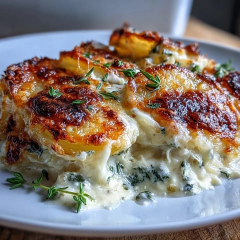 Layers of Yukon Gold potatoes and bubbling Gruyere cheese create a comforting, aromatic side dish perfect for festive gatherings.  