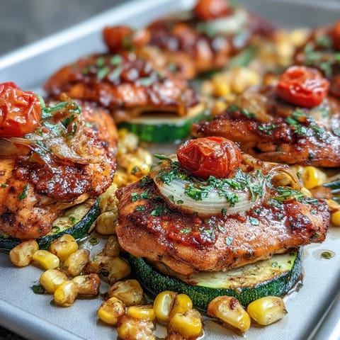 Vibrant sheet pan chicken with zucchini and corn, roasted to perfection with juicy chicken, sweet corn, and tender zucchini.  
