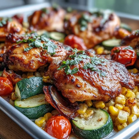 Easy sheet pan chicken dinner with zucchini and corn, bursting with summer flavors and colorful roasted vegetables.  