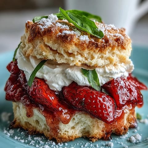 Strawberry Basil Shortcake Biscuits: golden biscuits layered with juicy strawberries, fresh basil, and whipped cream for a sweet twist.