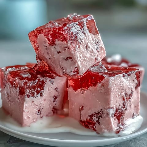Gorgeous strawberry rose gelatin mosaic cake, jewel-like cubes in creamy goodness.