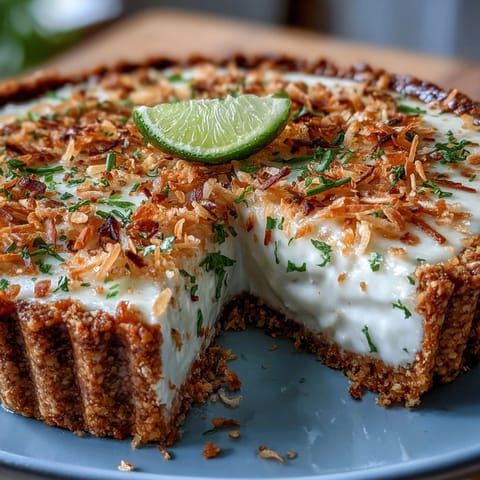 Close-up of Coconut Lime Tart, vibrant green filling on golden graham crust.