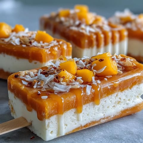 Vibrant Vegan Mango Coconut Popsicles, bursting with tropical fruit flavor and creamy goodness.