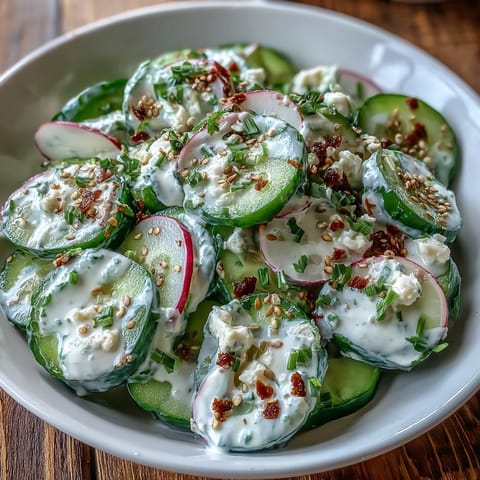 Creamy viral cucumber salad glistens, coated in tangy dressing with everything bagel seasoning.