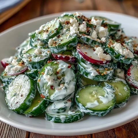 Viral cucumber salad features crisp slices drenched in creamy, herby dressing ready to serve.