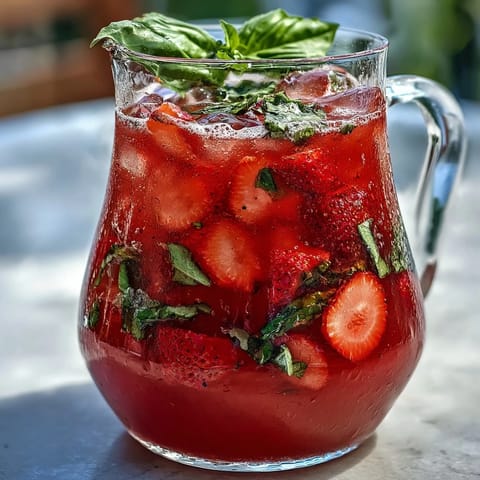 Vibrant Strawberry Basil Lemonade Pitcher garnished with fresh berries and leaves.