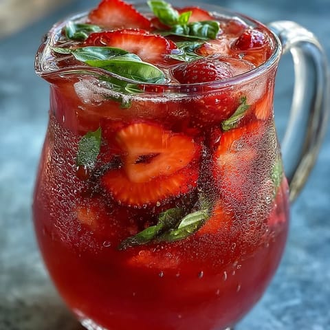 Refreshing Strawberry Basil Lemonade Pitcher, perfect for a sunny party cooler on display.