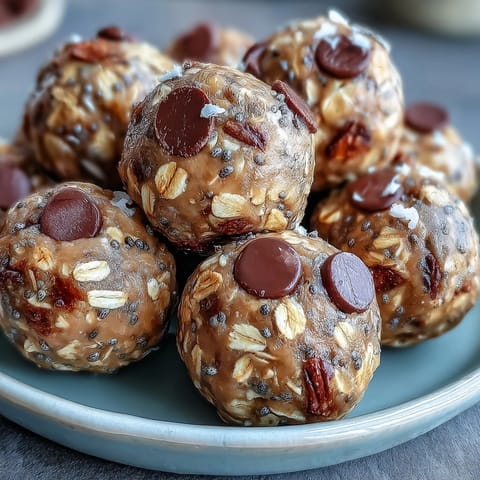 Close-up of no-bake peanut butter oat protein balls ready to eat.
