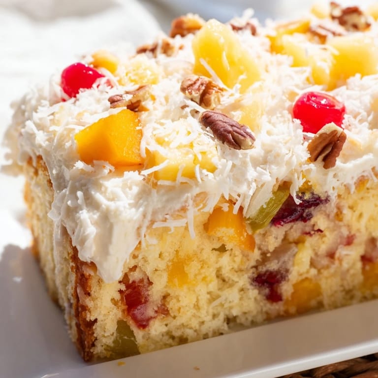 Warm fruit cocktail cake, fresh from the oven, drizzled with sweet coconut topping, ready to be devoured.