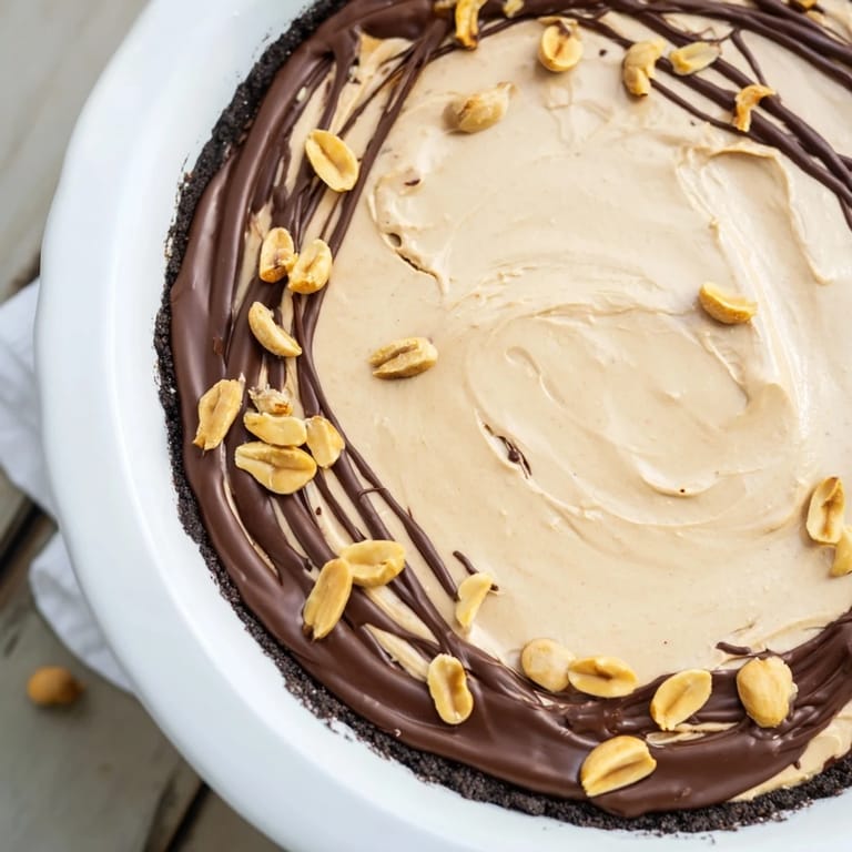 Rich peanut butter pie nestled in a chocolate cookie crust, perfect for a decadent slice.