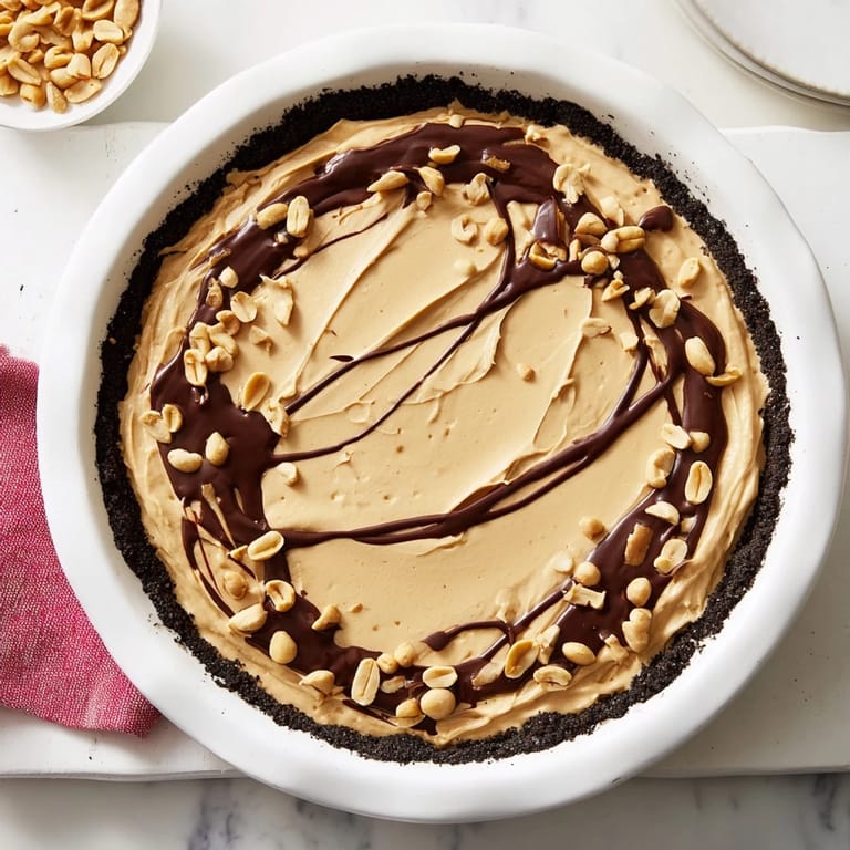 A slice of delicious peanut butter pie, offering a taste of creamy, chilled perfection.