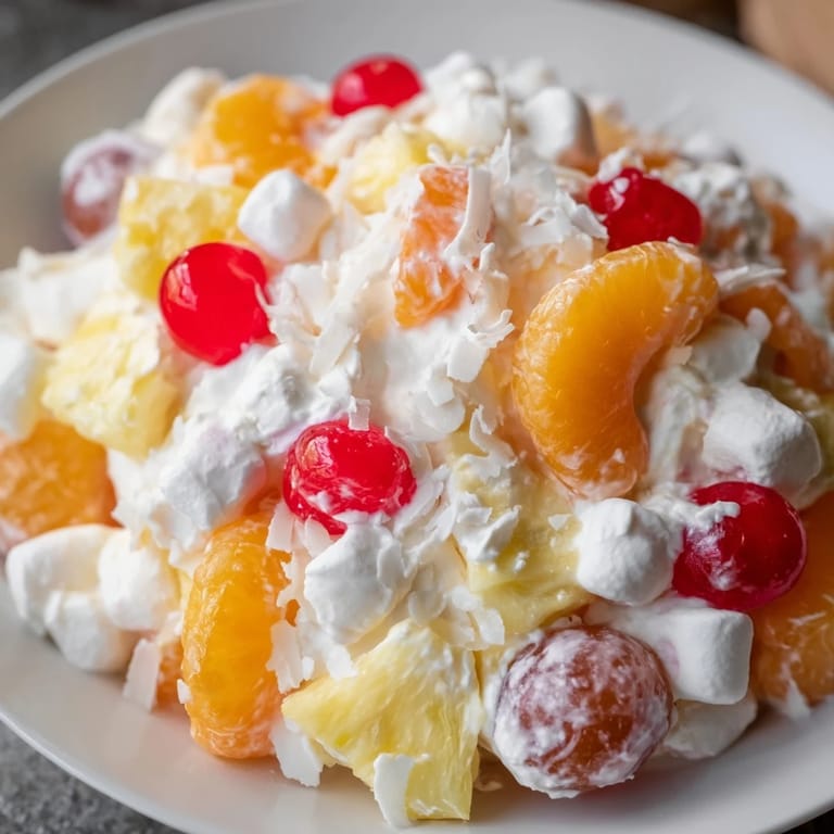 Close-up of Ambrosia Salad, showcasing the juicy fruits and fluffy whipped topping layers.
