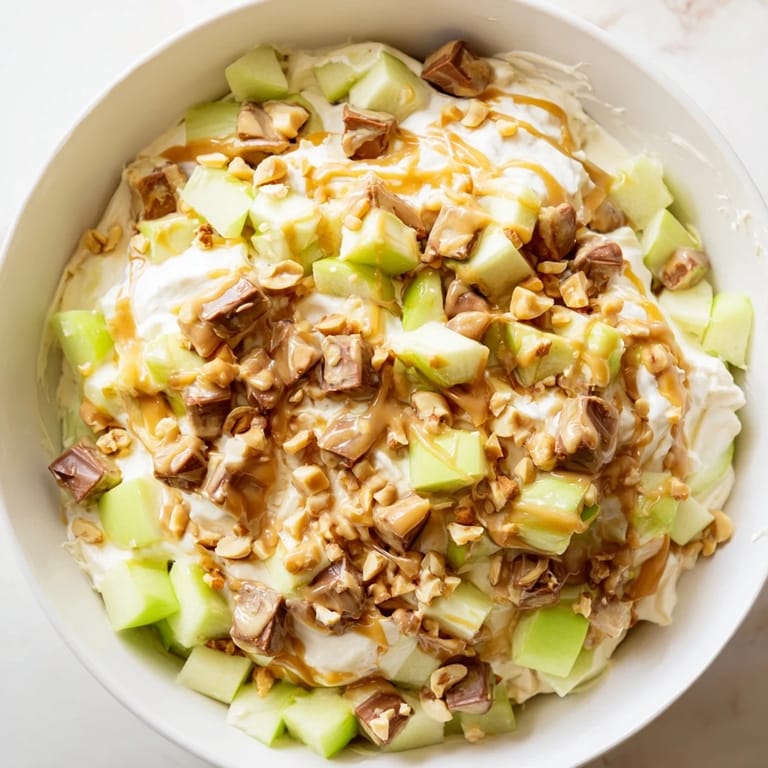 This colorful Snickers Salad includes diced apples, Snickers, and a smooth, vanilla pudding base.