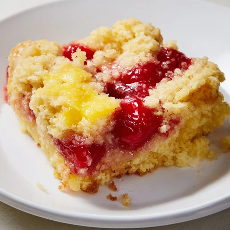 Close-up of a freshly baked Dump Cake with bubbling fruit and crispy, golden crust.